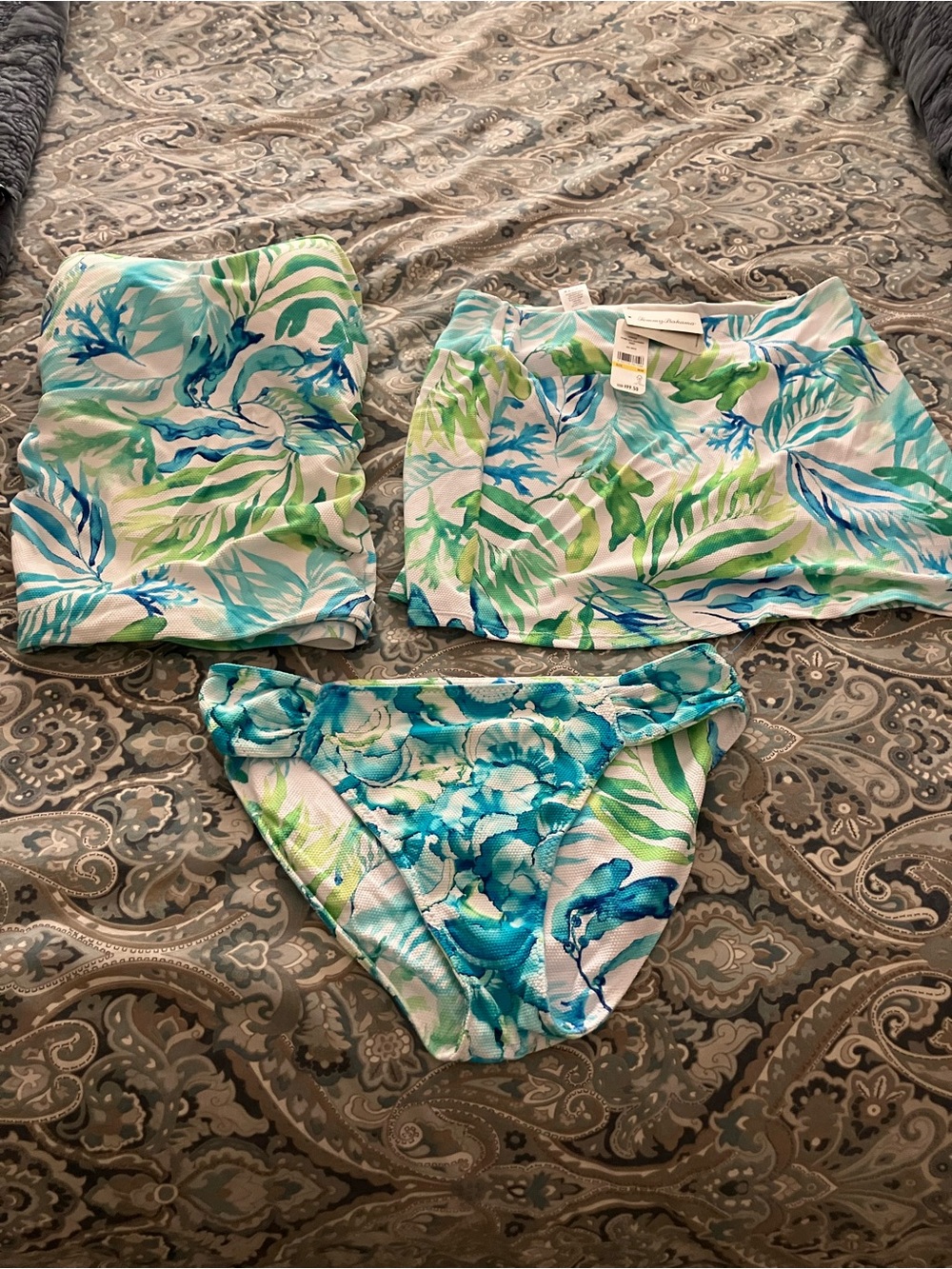 Tommy Bahama Blue Green White Tropical Print 3 piece Swim Bikini Set
